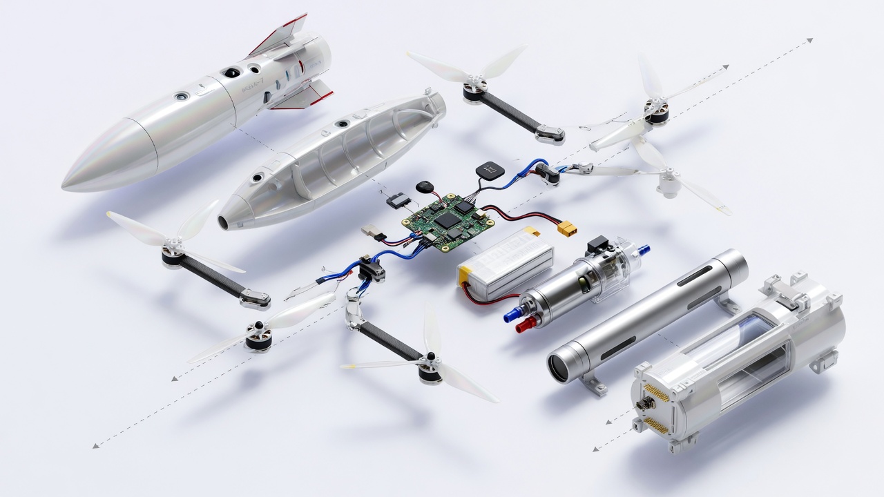Exploded view of the transmedium drone showing bullet hull, four motor arms, flight controller, LiPo pack, ballast pump, aluminium-magnesium battery tube and payload bay